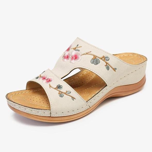 White Color Flower Embroidered Casual Wedge Sandals.