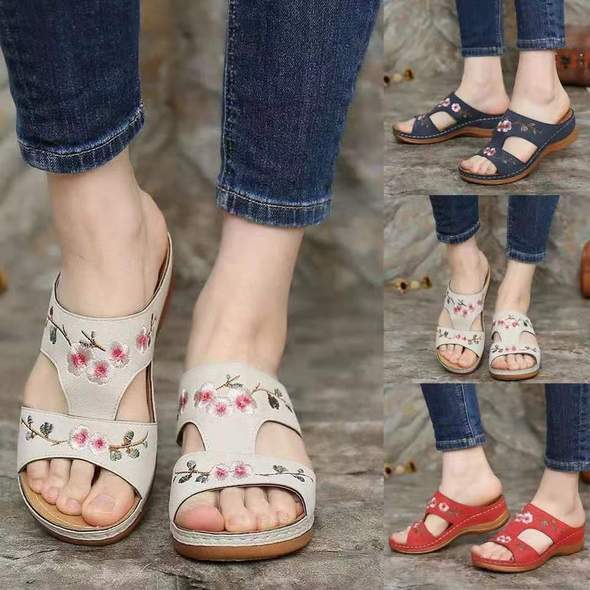 Flower Embroidered Wedge Sandals.