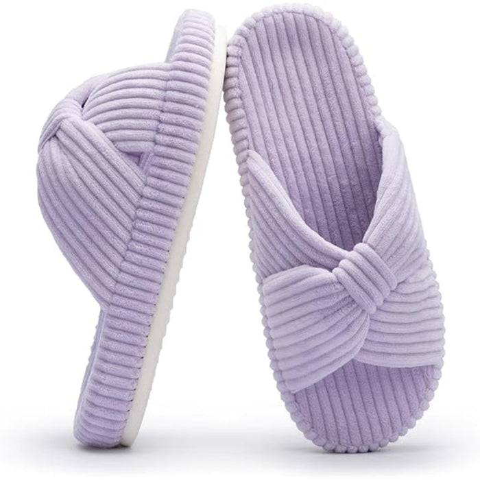 Corduroy Bow Crossband Comfy Slip-On Slippers