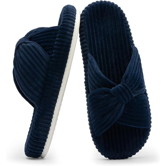 Corduroy Bow Crossband Comfy Slip-On Slippers