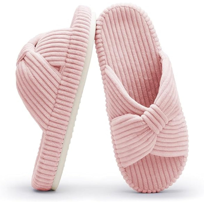 Corduroy Bow Crossband Comfy Slip-On Slippers