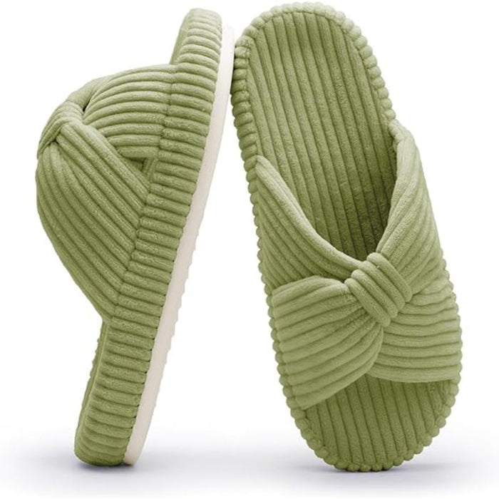 Corduroy Bow Crossband Comfy Slip-On Slippers