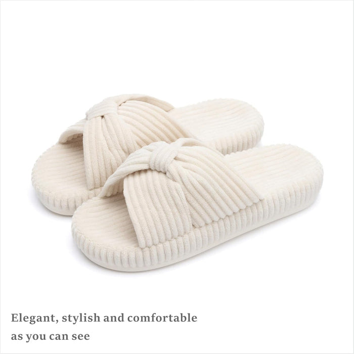 Corduroy Bow Crossband Comfy Slip-On Slippers