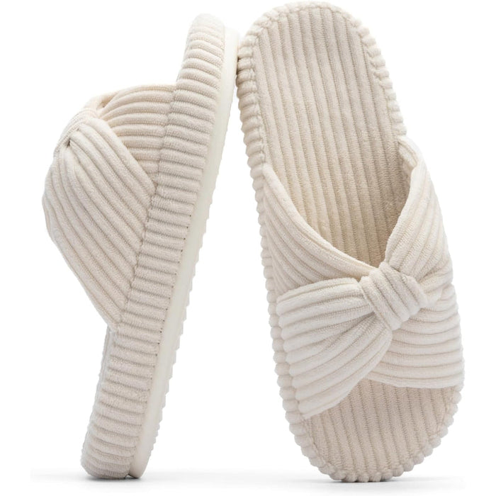 Corduroy Bow Crossband Comfy Slip-On Slippers