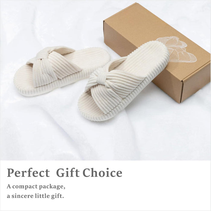 Corduroy Bow Crossband Comfy Slip-On Slippers