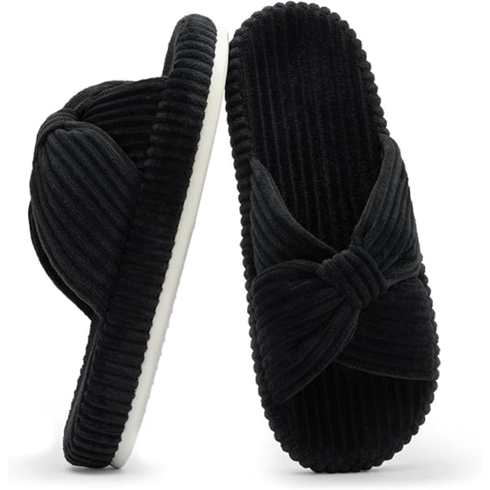 Corduroy Bow Crossband Comfy Slip-On Slippers