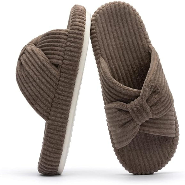 Corduroy Bow Crossband Comfy Slip-On Slippers