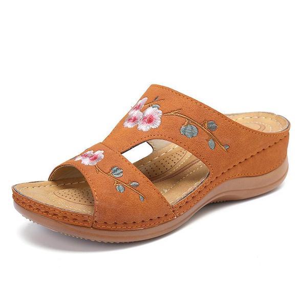 Brown Flower Embroidered Vintage Casual Wedge Sandals.