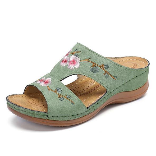 Green Color Flower Embroidered Vintage Wedge Sandals.
