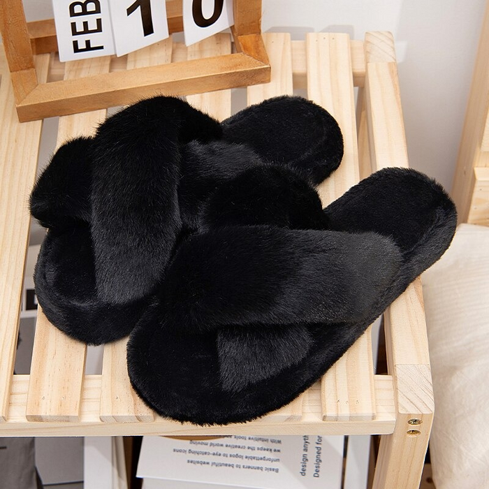 The Furry Criss-Cross Strap Warm Slides