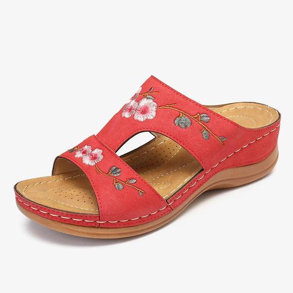 Red Color Flower Embroidered Casual Wedge Sandals.
