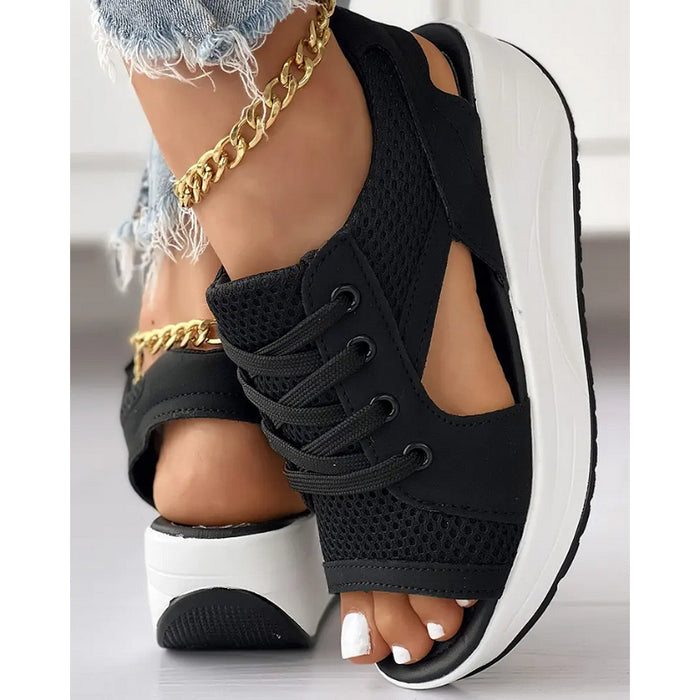 Contrast Paneled Cutout Lace-Up Muffin Sandals