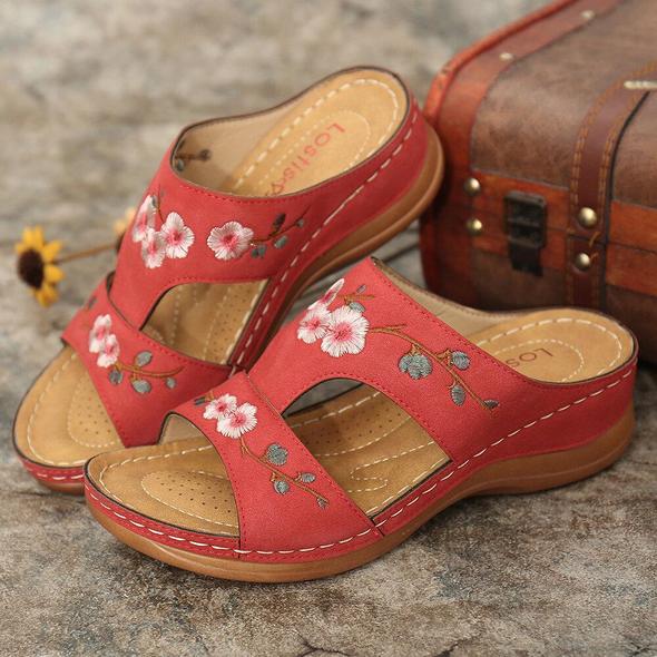 Flower Embroidered Casual Wedge Sandals.