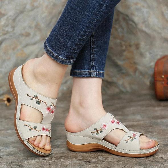Flower Embroidered White Color Wedge Sandals.
