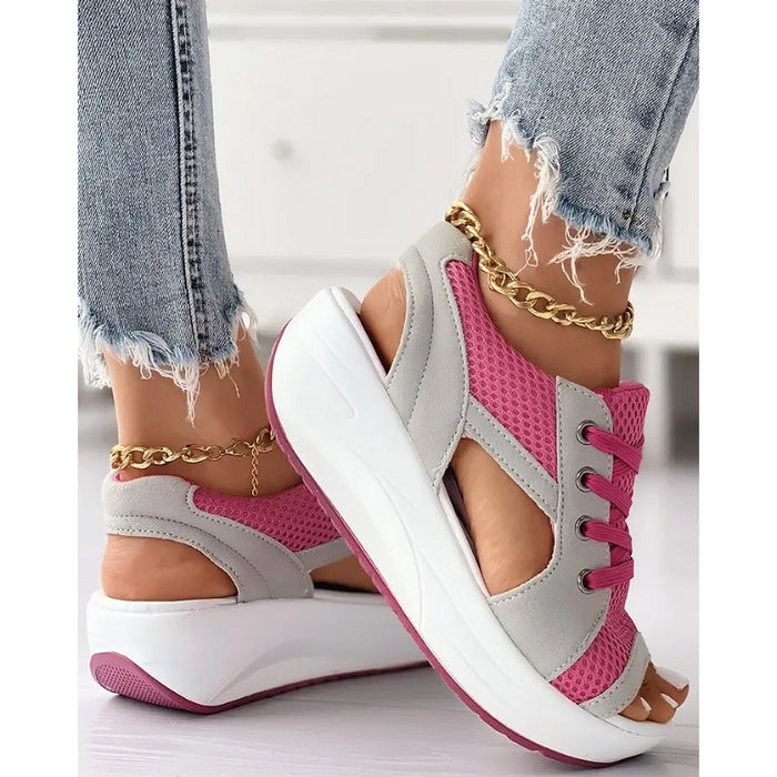 Contrast Paneled Cutout Lace-Up Muffin Sandals